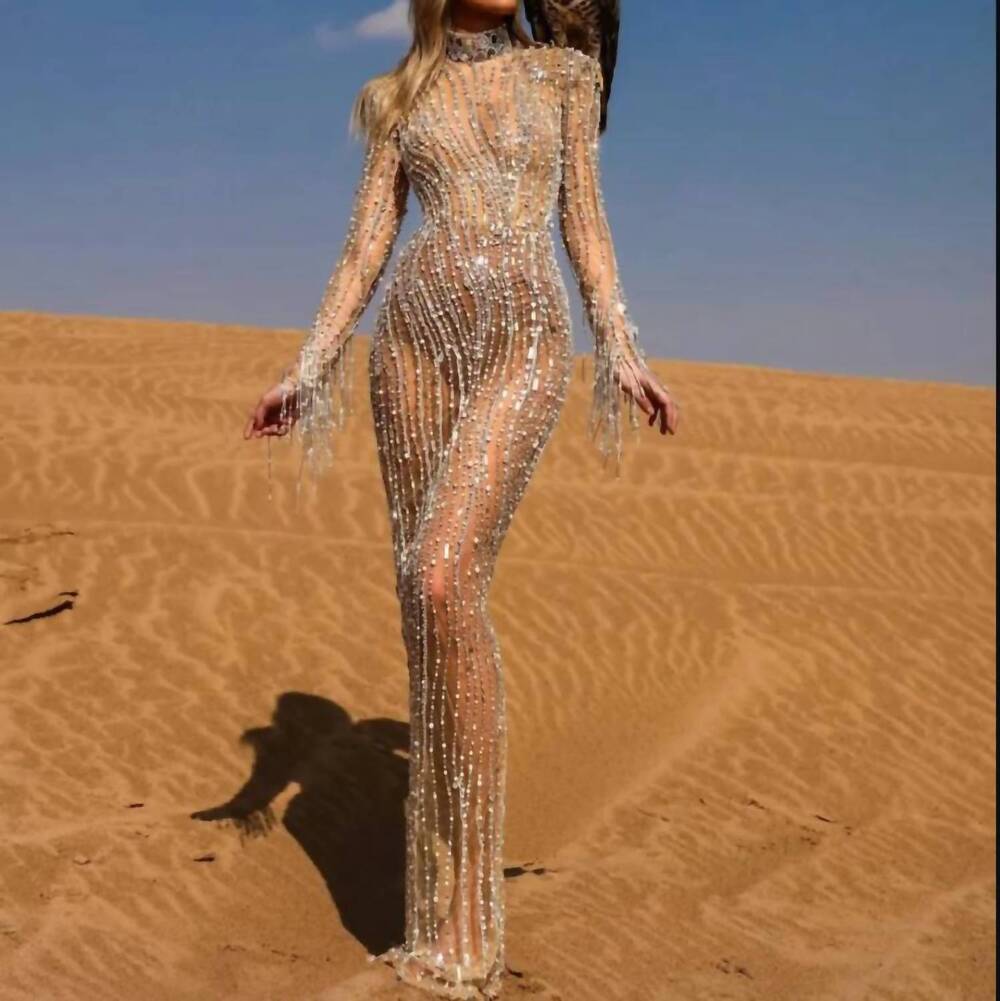 NEW ALBINA DYLA high neck crystal maxi dress in nude
